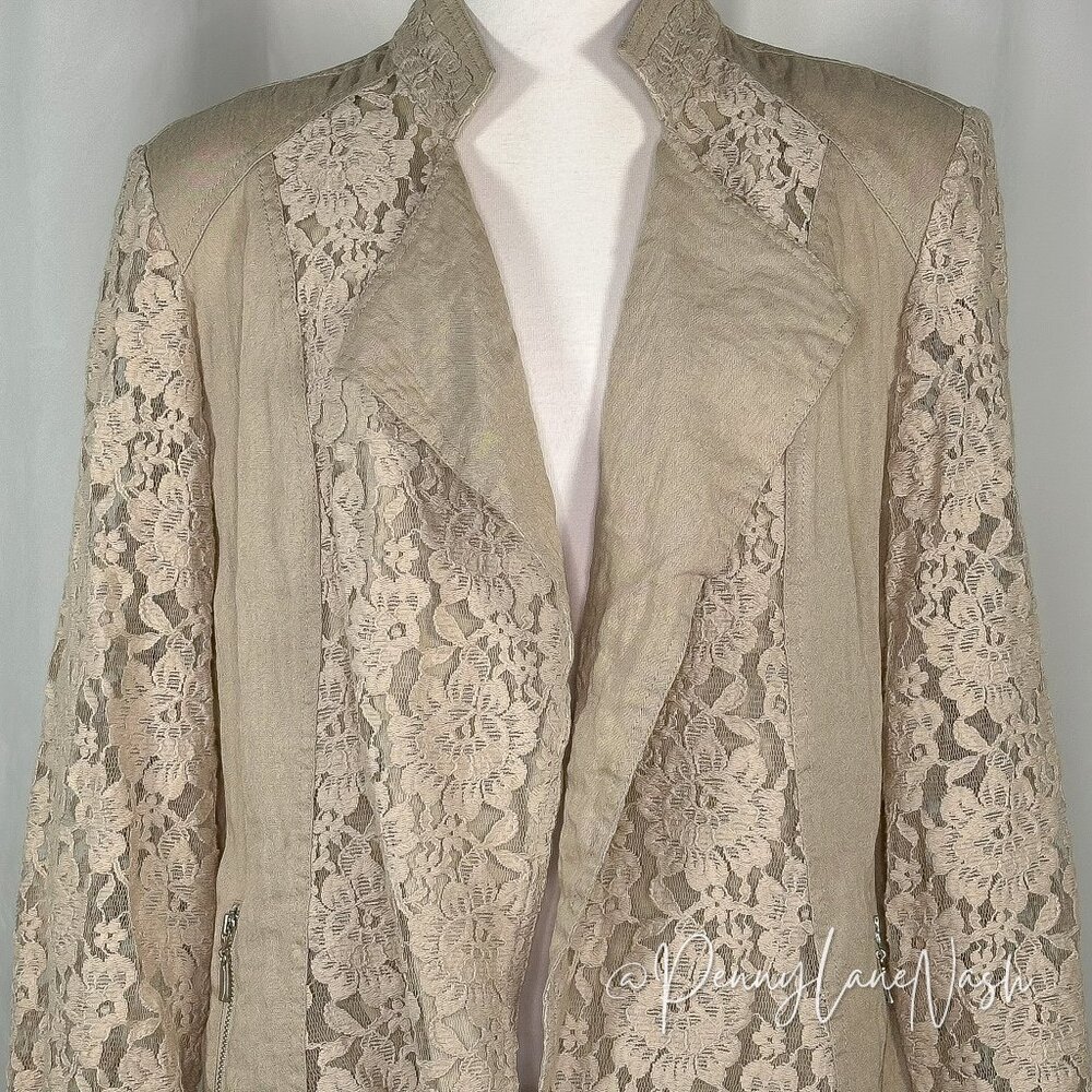 Chicos Lace Draped Open Front Jacket Size 2 Tan - Picture 3 of 12